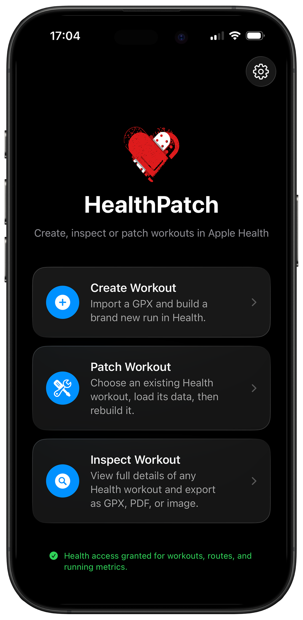 HealthPatch home screen with create, patch, and inspect workout actions