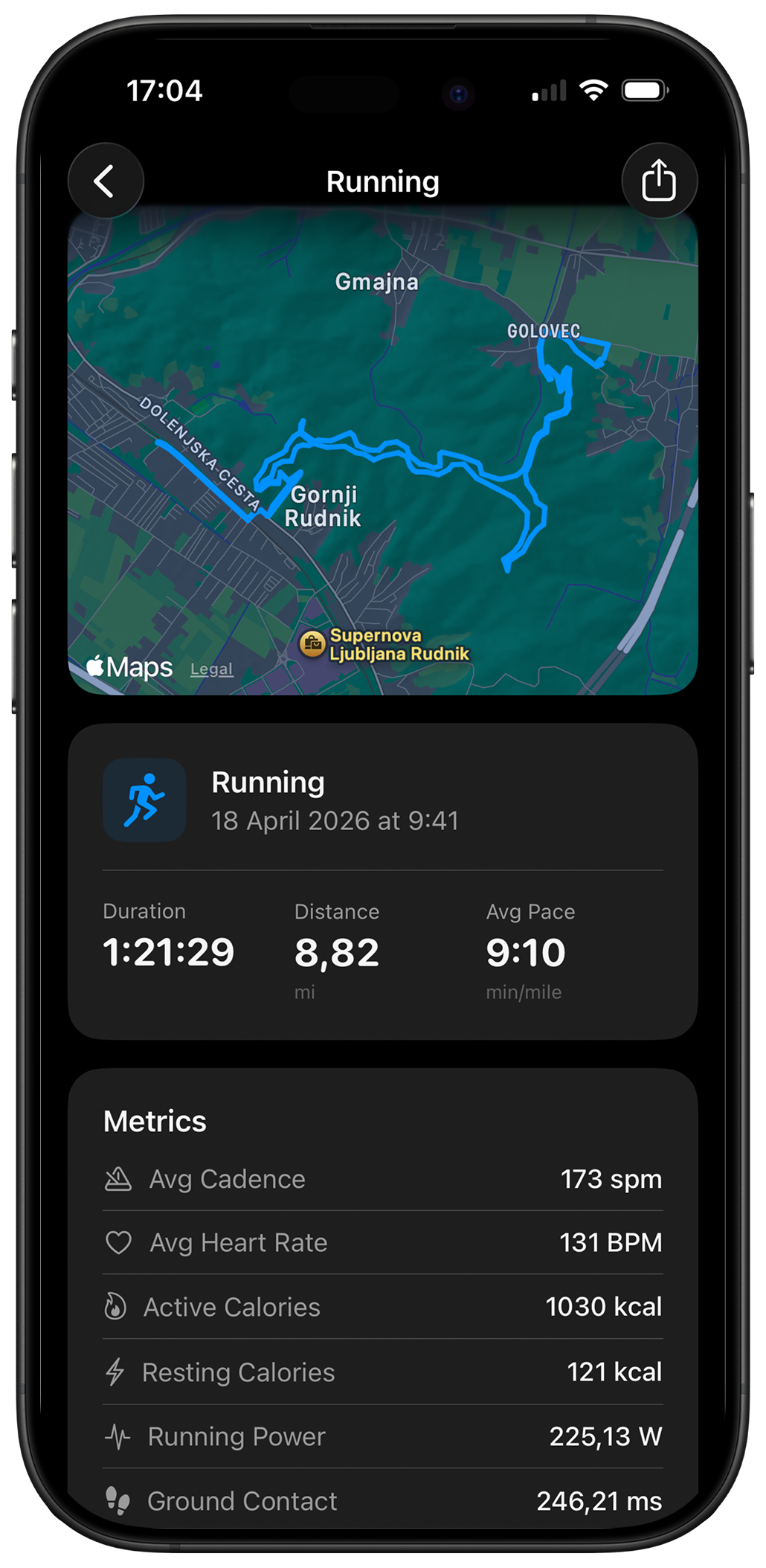 Workout inspection screen with route map and workout metrics