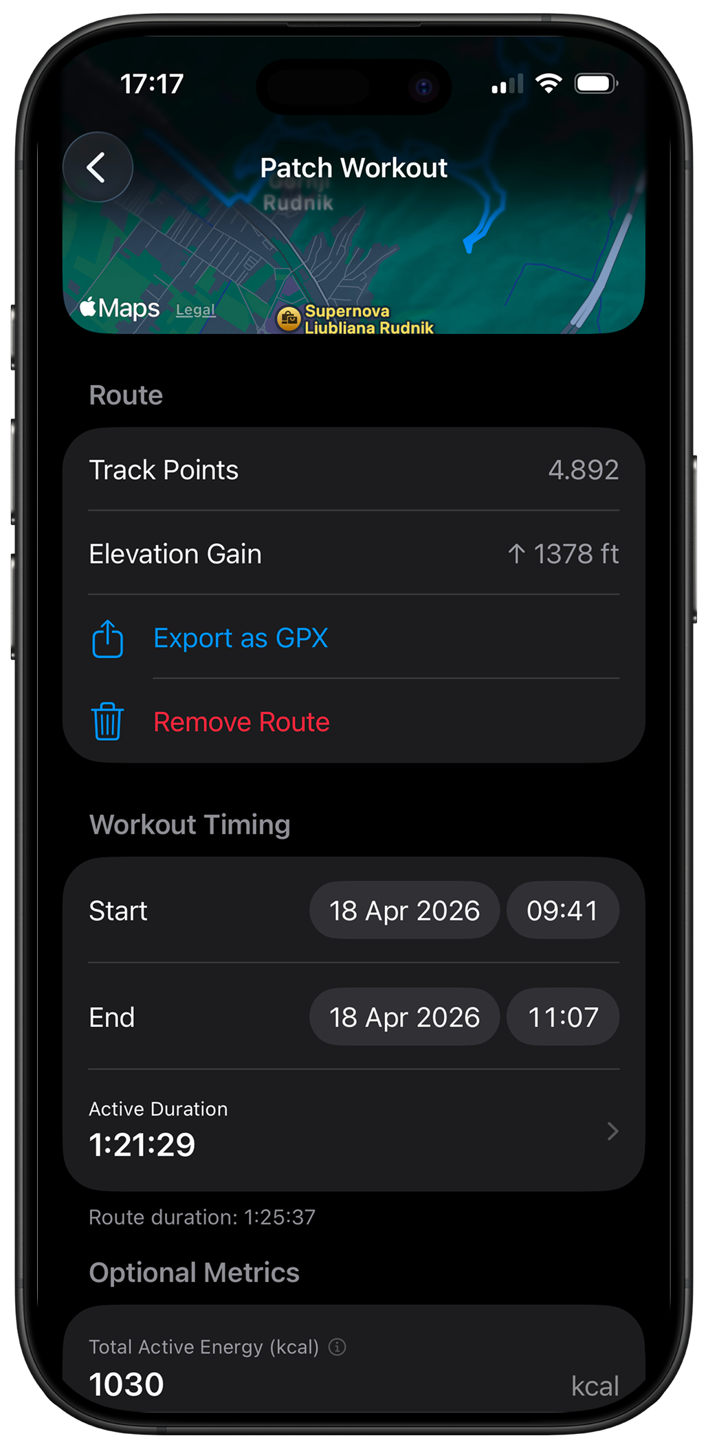 Patch Workout screen showing route data, elevation gain, GPX export, and workout timing