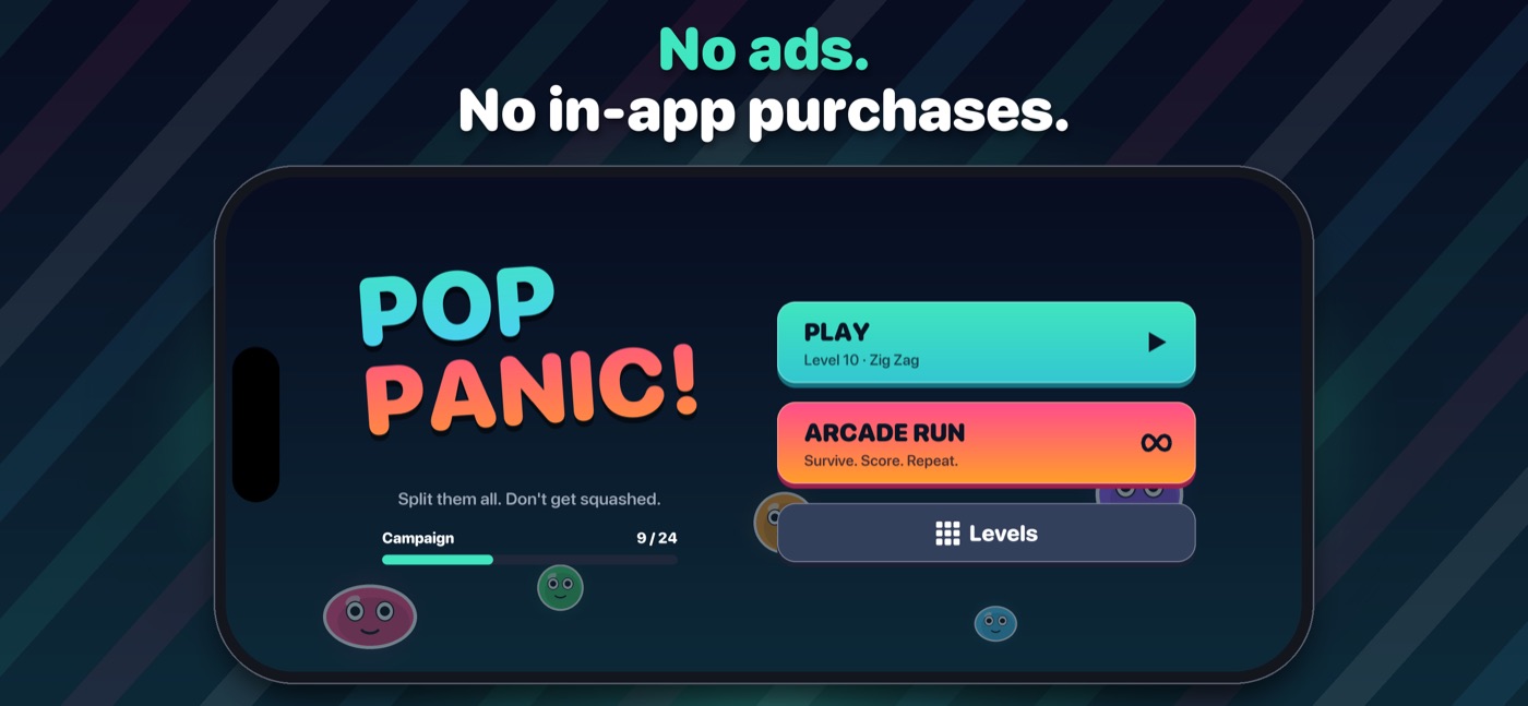 The Pop Panic! home screen with Play, Arcade Run and Levels
