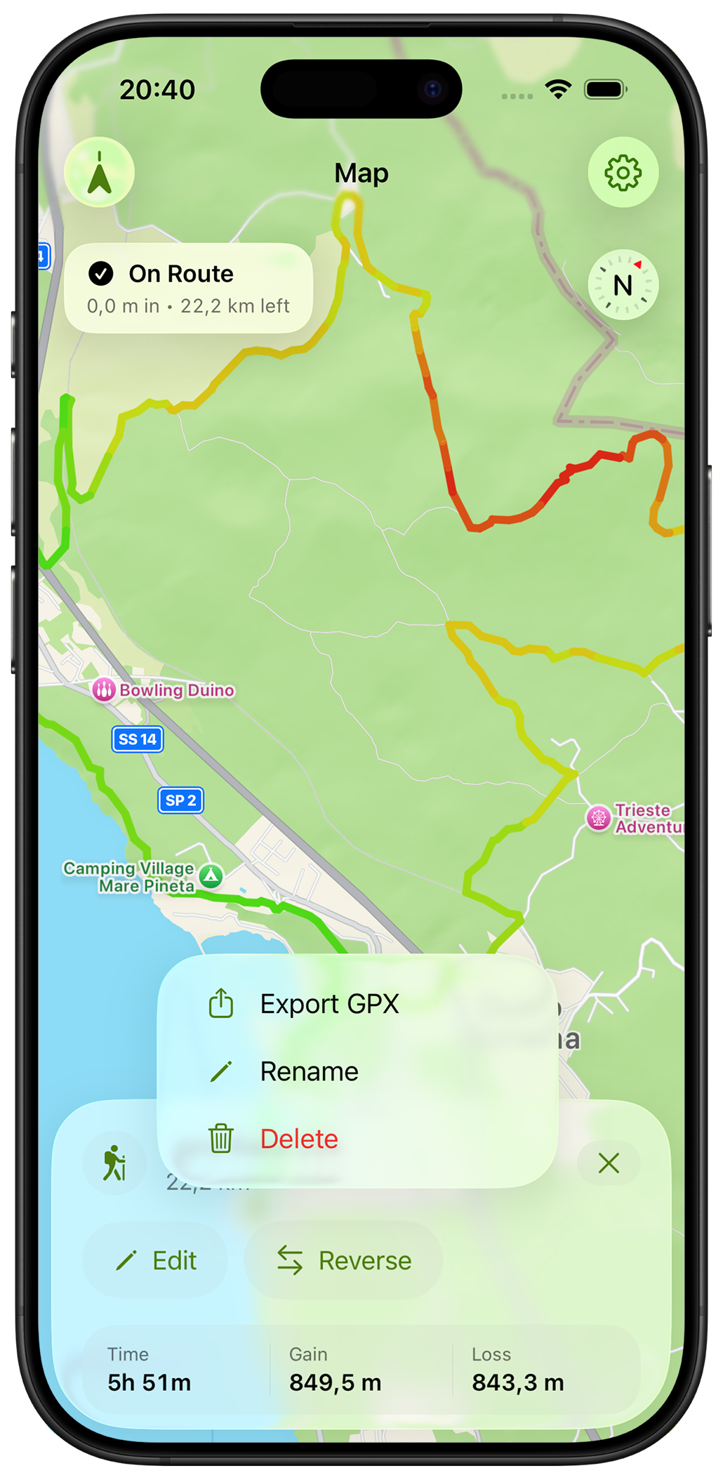 TrailMapper menu showing export GPX rename and delete actions