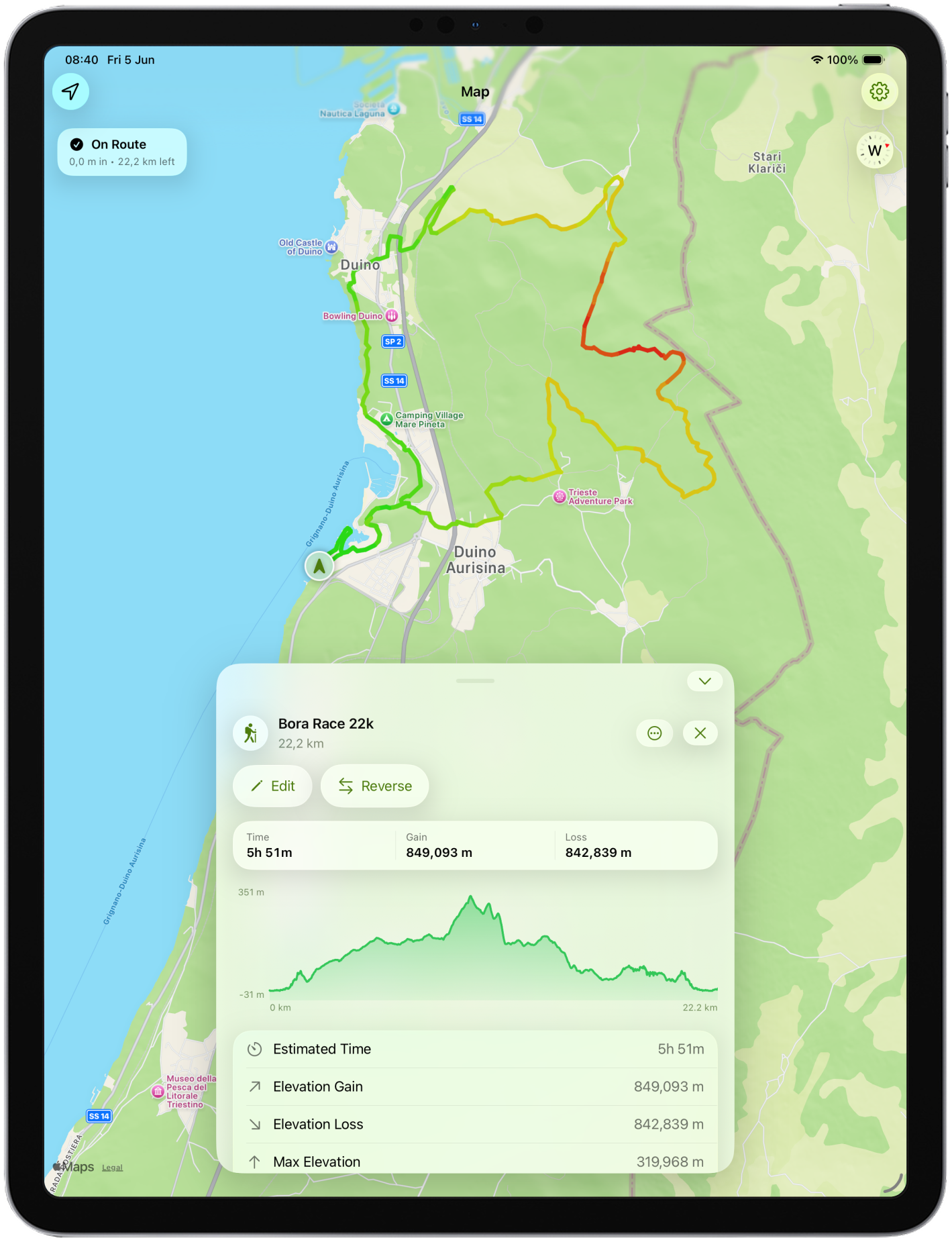 TrailMapper running on iPad with a GPX route map and elevation panel