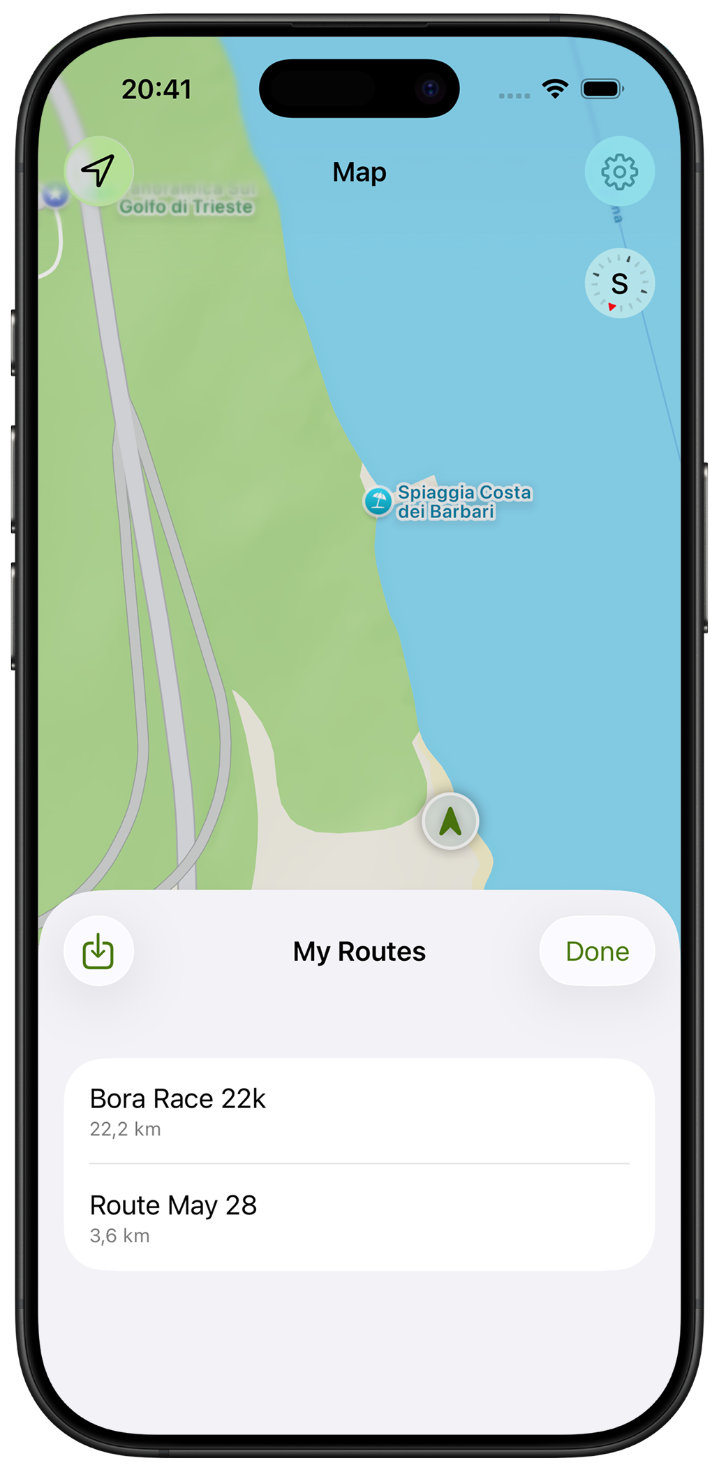 TrailMapper route library showing saved routes