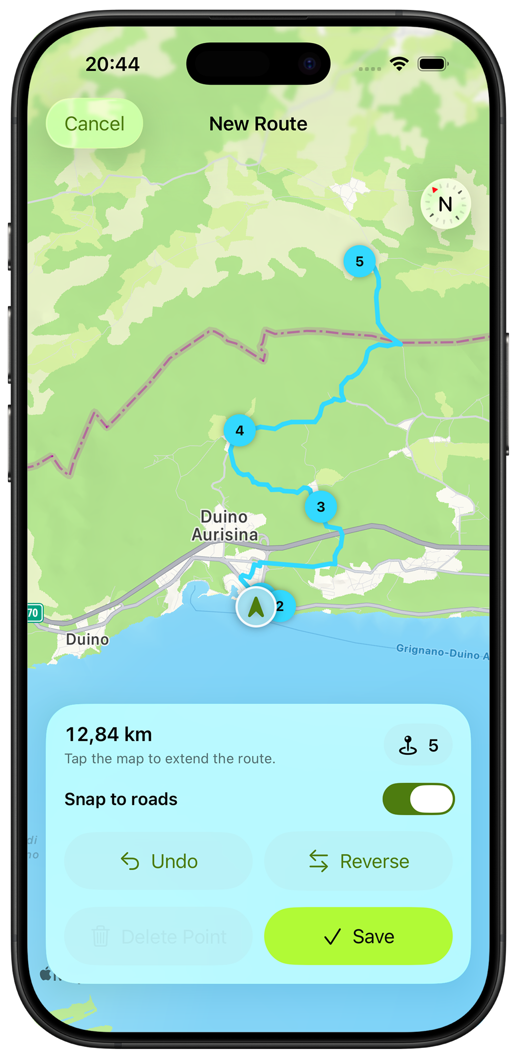 TrailMapper route creation screen with numbered waypoints