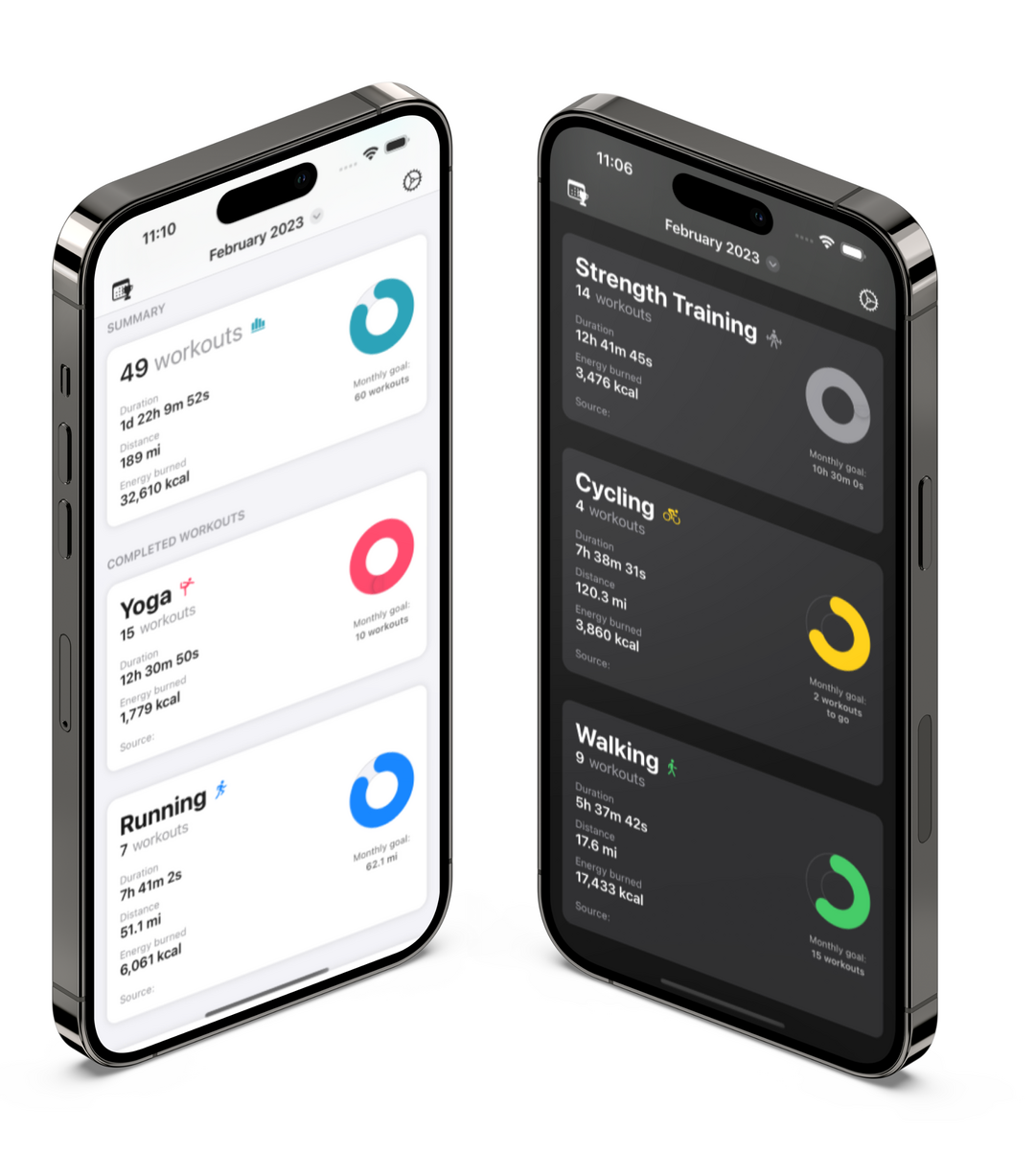Workout Sum light and dark mode screens